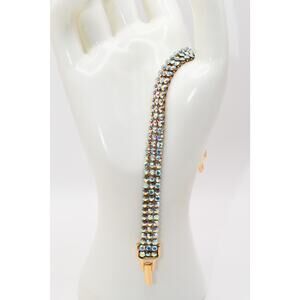 Swarovski AB Crystal Bracelet 3 Row Gold Tone Swan Signed 7.25 Inch